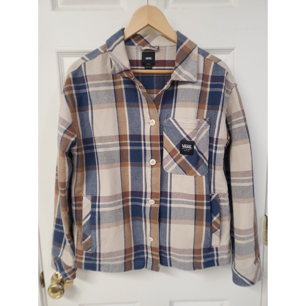 Vans Plaid Button Up Jacket Womens X Small Beige Blue Brown Casual Outerwear